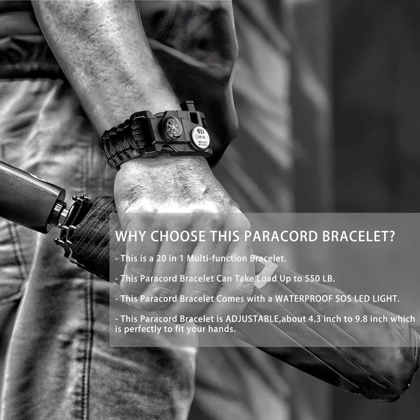 Paracord Survival Bracelet Tactical Emergency Gear Kit 21 in 1 Adjustable SOS LED Flashlight Compass Whistle Outdoor Camping