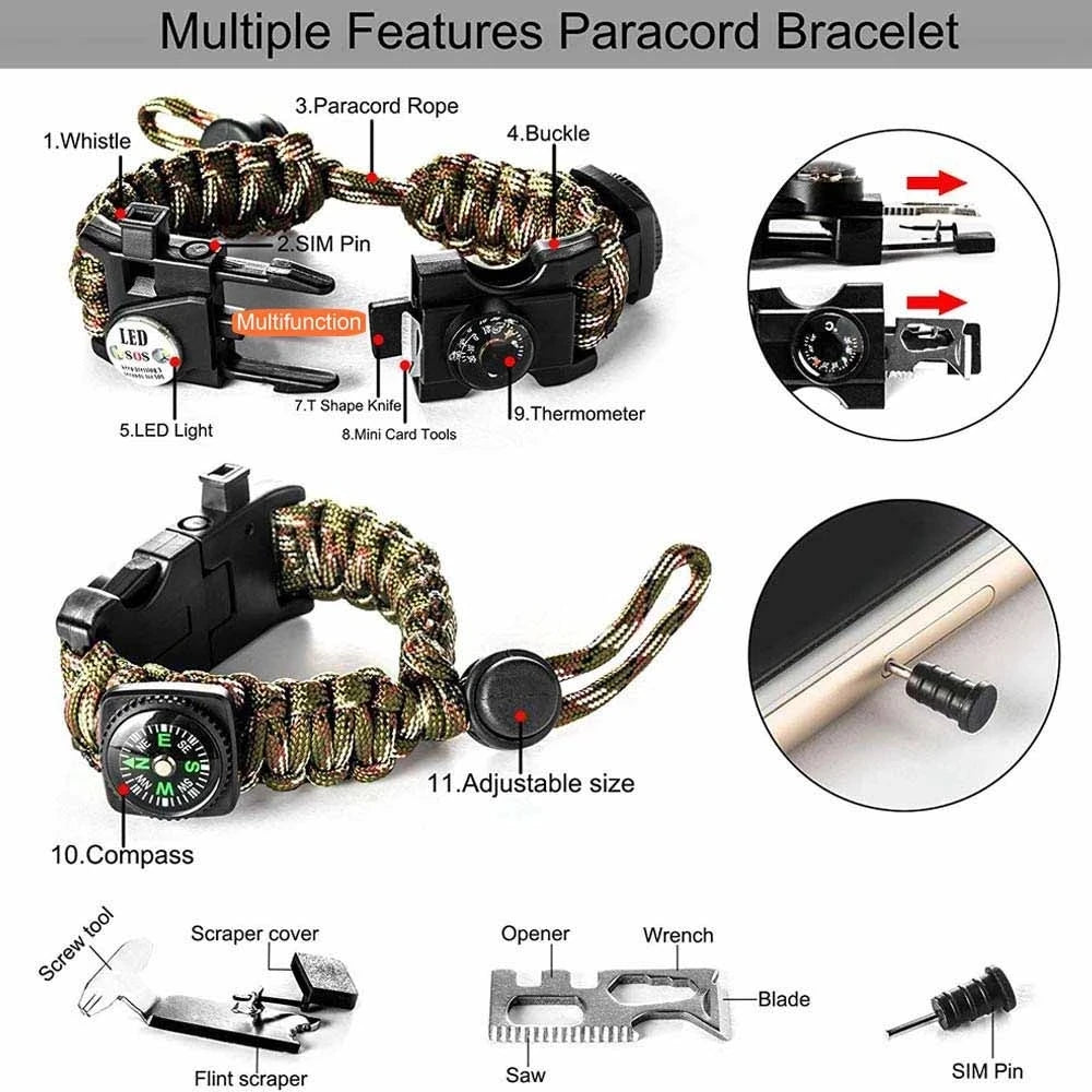 Paracord Survival Bracelet Tactical Emergency Gear Kit 21 in 1 Adjustable SOS LED Flashlight Compass Whistle Outdoor Camping